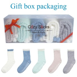 Toes Home Cuddly Socks Stopper Socks Women's 5/6 Pairs Winter Socks Fluffy Socks Non-Slip Socks with Nubs, Warm Bed Socks House Socks 36-42, 5 pairs of cold colours