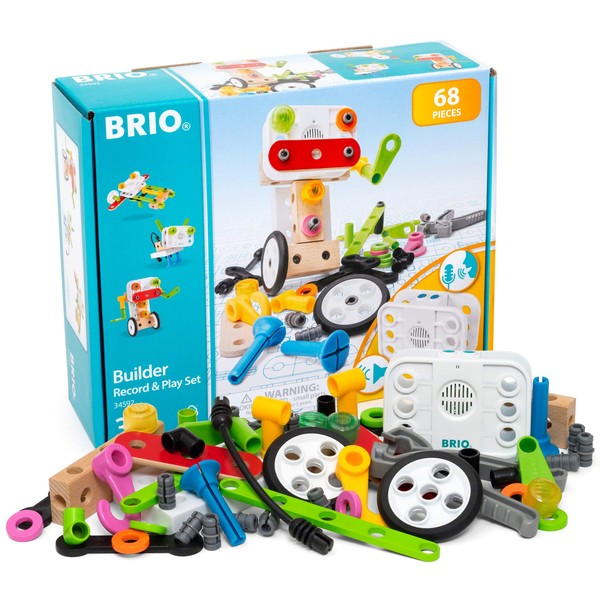 BRIO Builder 34592 - Builder Record and Play Set - 67-Piece Construction Set STEM Toy with Wood and Plastic Pieces and a Sound Recorder for Kids Age 3 and Up