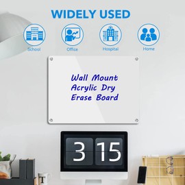 Trohestar Acrylic Dry Erase Board Wall Mount Non-Magnetic Floating Dry Erase Board Hanging Frameless White Board Acrylic Board for Office and Home Walls Dry Erase Board for Wall (White, 12"x18")