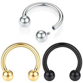 BodyAce F136 Titanium Septum Rings Nose Hoops, Internally Threaded Lip Piercing Cartilage Jewelry, 14g/16g Horseshoe Circular Barbells for Tragus Helix Eyebrow [1.2mm=16G;H:12mm;Ball:3mm]