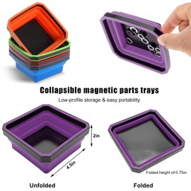 Yourkar Collapsible Magnetic Parts Tray, 4.5 Inch Foldable Magnetic Square Silicone Tray, Tool Tray Set with Double-Sided Magnetic Base for Screw Bolts Nuts Pins, Car Accessories (Purple)