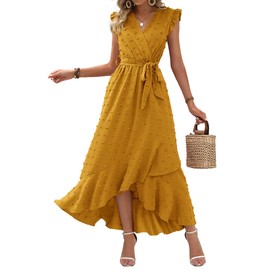BTFBM Women V Neck Summer Dress 2025 Cap Sleeve Swiss Dot Boho Flowy Ruffle Slit Beach Party Long Maxi Cocktail Dresses(Yellow, X-Large)