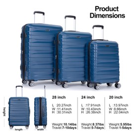 Travelhouse Amalodie Hardshell Upright Spinner Wheel Suitcase Set PP ABS, Lightweight Checked Carry-On Luggage 3-Piece Set with Spinner Wheels TSA Locks 20" 24" 28" (Light Navy)
