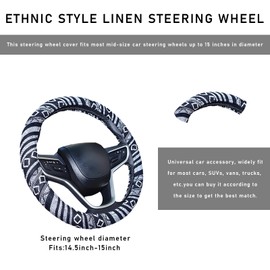 povtii Boho Steering Wheel Cover, 15.0"×15.0" Anti-Slip Baja Blanket Ethnic Steering Wheel Protector, Breathable Flax Cloth Elastic Bohemian Steering Wheel Cover, Car Accessories (Style E)