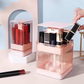 Pressed Lift Lipstick Holder Dustproof Transparent Lift Lipstick Display Case With Lid for Girls 12 Grid Pink