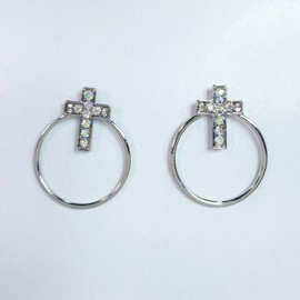 Fashion Jewelry E0765 Silver Tone AB Rhinestones Deco Cross Circle Shape Drop Stud Earrings