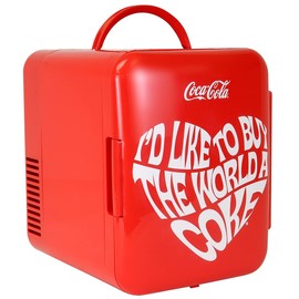 Coca Cola World 1971 Series Portable 6 Can Thermoelectric Mini Fridge Cooler/Warmer, 4 L/4.2 Quarts Capacity, 12V DC/240V AC for Home, Dorm, car, Boat, Beverages, Snacks, Skincare, Cosmetics