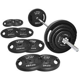 Fitvids Cast Iron 1" Standard Weight Plates Including 5FT Standard Barbell Bar & Star Locks, 95 Pounds Set (85 Lbs Plates + 10 Lbs Barbell Bar), Multiple Packages