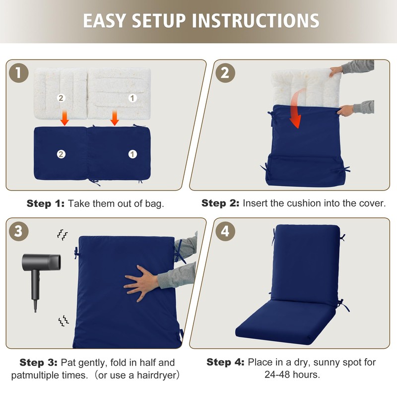 Ottowood High Back Outdoor Chair Cushions 44''x20'' - Patio Dining