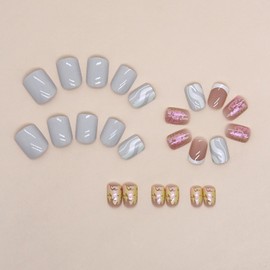 French Tip Press on Nails Short Fake Nails Square Full Cover Stick on Nails Glossy False Nails with Lines Design Aurora Acrylic Nails Grey Glue on Nails Cute Artificial Nails for Women and Girls