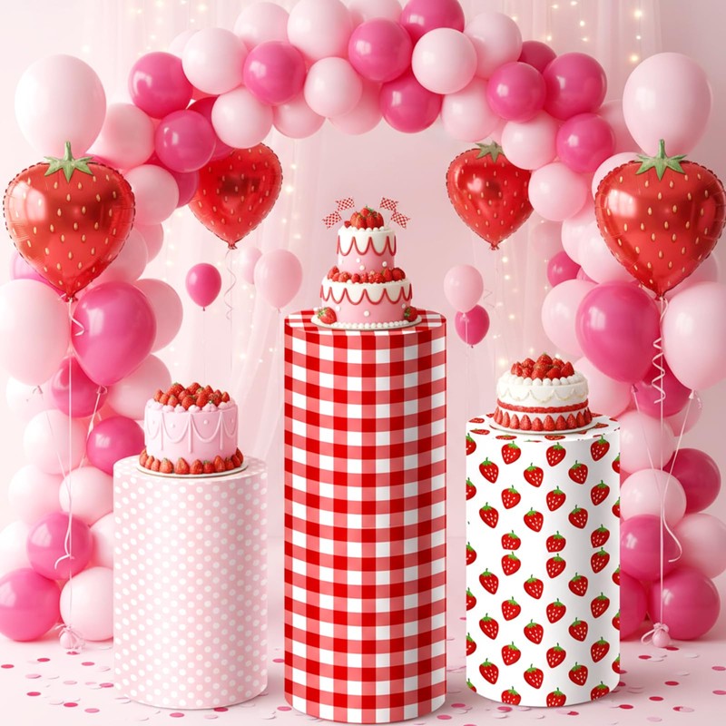 SmoothNovelty 3 Pcs Strawberry Cylinder Pedestal Stand Covers Spandex Plinth