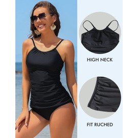 Charmo Women's Tankini Top with Fit Ruched High Neck Bathing Suit Tops Push Up Padded Swim Tops Only Black 2XL