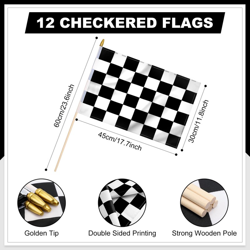 Ckexin 12 Pack Checkered Small Stick Flag 12x18 Inch Black