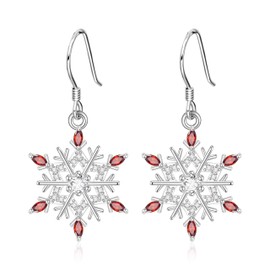 EVER FAITH Snowflake Earrings 925 Sterling Silver Ruby Red Cubic Zirconia Dainty Winter Flower Hook Dangle Earring Christmas Holiday Jewelry Gifts for Women Girls