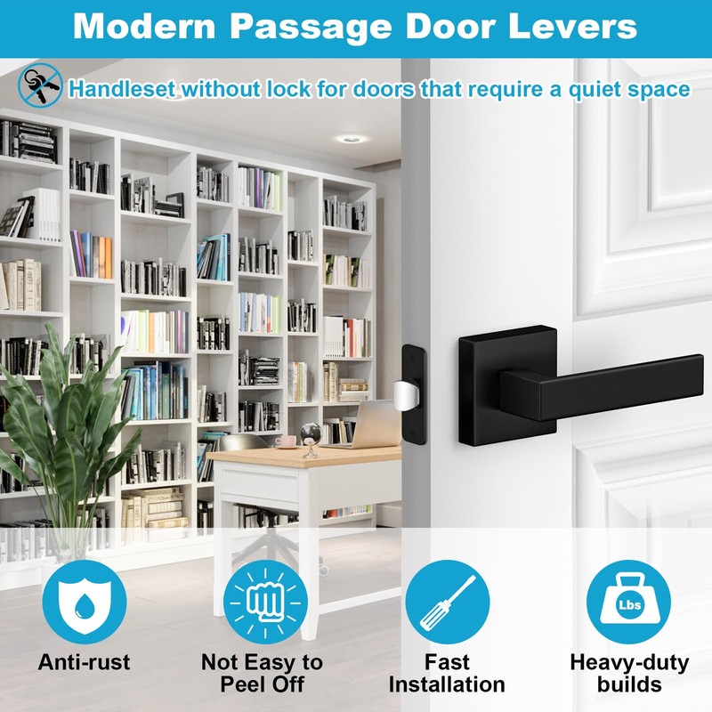 Estmoon 2 Pack Passage Door Levers, Matte Black Door Knobs
