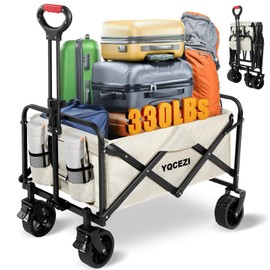 YQCEZI Collapsible Wagon,Large Capacity Camping Wagon, with Wheels and Adjustable Handles are Convenient Foldable Wagon for Shopping, Fishing, Sports Outdoor Camping Beaches Foldable Wagon - Beige