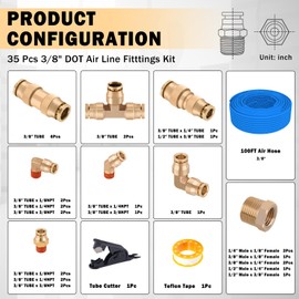 CheeMuii 3/8 Brass DOT Air Fittings With 100 FT 3/8" DOT Air Line Kit Quick Connect Air Line Fittings and Blue Pneumatic Tubing for Semi Truck Trailer or Industrial Air Syste