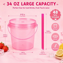 48 Set Clear Pink Bucket Cups with Lids and Straws, 34 Oz