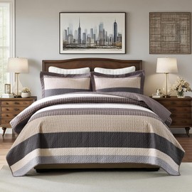 QuiltEase Stripe King Quilts - 100% Cotton Farmhouse Bedspread Bedding Set for All Season - Lightweight Reversible 3 Pieces Quilt Sets - Teak Brown/Oatmeal White/Misty Gray