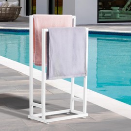 VEVOR Towel Rack, 2 Bars Metal Outdoor Towel Holder, Freestanding Pool Towel Hanger Stand Next to Hot Tub, Outdoor or Indoor Quilt Drying Rack Organizer, Ideal for Poolside, Bathroom, Spa, White