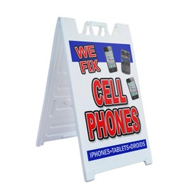 A-Frame Sidewalk We Fix Cell Phones 24" x 36" Double Sided A-Frame Sidewalk Sign, Includes 2 Installed Vinyl Decals | Foldable Portable White Signicade Sandwich Board Signs
