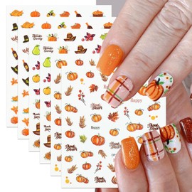 Autumn Nail Stickers Pumpkin Nail Art Stickers Fruit Nail Decals Fallen Leaves Maple Leaf Pear Grapes Hat Design Orange Thanksgiving Sticker for Nails DIY Manicure Decoration for Women 6 Sheet
