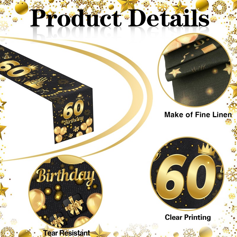 60th Birthday Table Runner, Black Gold Party Birthday Table RunnerTablecloth
