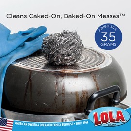 Stainless Steel Wool Scourer -Jumbo Sized- 12 Pack, 35 Grams, by LOLA, Curled Flat Wire, Cleans Caked On & Baked On Messes on Cookware