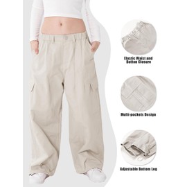 Rolanko Cargo Pants for Girls Wide Leg Trousers with Pockets Streetwear Kids Jogger Pants (Apricot, 8-10)