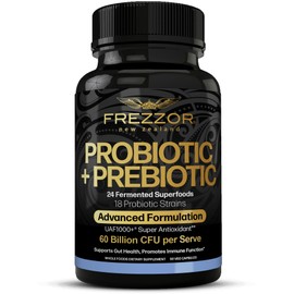 FREZZOR Probiotic + Prebiotic Capsules, Once Daily 60 Billion CFUs, Digestive Health for Men and Women, 18 Strains, Shelf Stable, with Fermented Wholefoods, Prebiotic & Fibre, 90 caps, 1 Month Supply