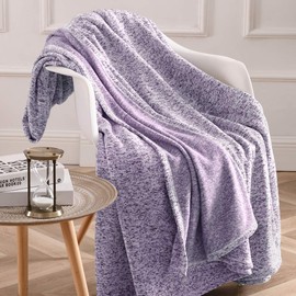 KAWAHOME Knit Blanket Lightweight Breathable Fuzzy Heather Jersey Thin Blanket for Couch Sofa Bed Queen Size 90 X 90 Inches Purple and White