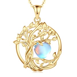 FANCIME Tree of Life Necklace for Women Yellow Gold Plated Tree of Life Gemstone Pendant Necklace Jewellery Gifts for Women Girls Chain Length: 40 + 5 cm, Gemstone, Moonstone