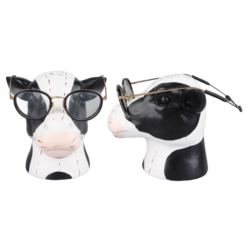Black White Cow Head Wearing Glasses Statues Resin Stable Glasses