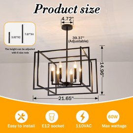 UOFUS 6-Light Black Farmhouse Chandelier Geometric Industrial Ceiling Light Fixtures Metal Cage Rustic Pendant Light for Dining Room Living Room Bedroom Kitchen Island Entryway E12 Base