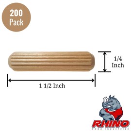 Rhino Wood Industries 200 Pack Dowel Pins (1/4" x 1 1/2" Jar Pack)