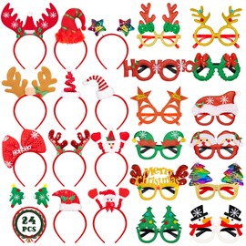HOVACY 24 PCS Christmas Party Favors, Various Styles Christmas Headbands and Glasses Set, Cute Felt Glitter Eyeglasses Headpieces Set for Xmas New Year Holiday Adults Kids Party Supplies