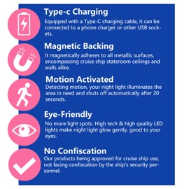 2 Pcs Magetic Night Light Motion Sensor Cruise Ship Approved with USB Cable LED Rechargeable Battery for Indoor Use in Bathroom Hallway Cruise Cabin Toilet Bed Indoor Stair Automatic Motion for Travel