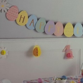 eBoutik - Set of 2 Easter Garland Spring Time Banner Decoration with 4 Honeycomb Hang Decor - Happy Easter Colouful Party Bunting, Style for Indoors & Outdoors for Children Easter Egg Hunts