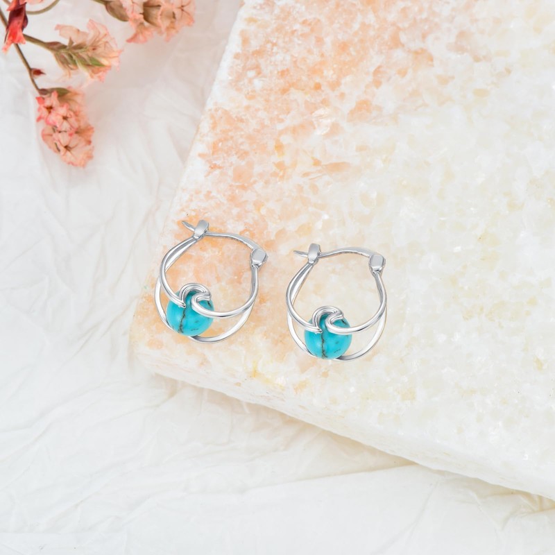 Turquoise Hoop Earrings Sterling Silver Small Huggie Earrings Double Hoop