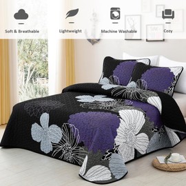Purple Floral Quilt Set Queen Size - 3 Pieces Purple Flower Pattern Coverlet Set, Soft Microfiber Lightweight Quilted Bedspread for All Season with 2 Pillowcases All Seasons Bed Cover Set 96"x90"