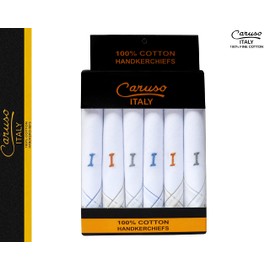 Caruso Italy Men's Initial Monogram I Embroidery 100% Pure Cotton Handkerchief White Base With Colored Border - Pack Of 6