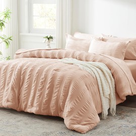 Zzlpp Full Comforter Set 7 Pieces, Pink Seersucker Bed in a Bag with Comforter and Sheets, All Season Bedding Sets with 1 Comforter, 2 Pillow Shams, 2 Pillowcases, 1 Flat Sheet, 1 Fitted Sheet
