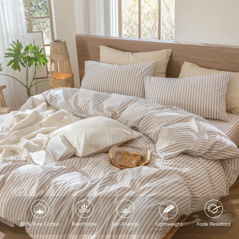 MooMee Striped Duvet Cover Set 100% Washed Cotton Linen Like