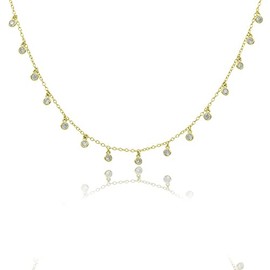 14K Gold Plated 925 Sterling Silver Round Cubic Zirconia Bezel CZ by Yard Drop Dangle Station Collar Necklace, Adjustable Length 18,19,20