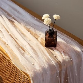 Camino de mesa de 10 pies de perlas blancas de tela de tul con encaje para despedida de soltera, fiesta de cumpleaños, boda, velo de arco, decoración de mesa de postre, 29.5 x 120 pulgadas