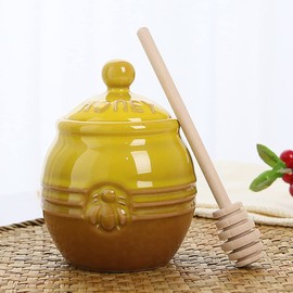 Kosmeey 12oz Ceramic Honey Jar with Wooden Dipper Stick-Honey Pot with Dipper, Yellow Honey Dispenser, Farmhouse Kitchen Great Bee Decor, Porcelain Honey Jar Easy to Clean for Mother's Day Wife Gift