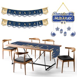 Ramadan Decorations for Home, Ramadan Decor Set Includes Ramadan Banner, Ramadan Table Cloth Table Runner Decor, Ramadan Calendar, Ramadan Mubarak Kareem Decorations for Muslim Ramadan Party