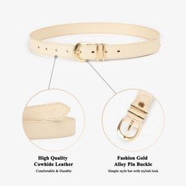 BEAU TODAY Belt for women, Women's Cowhide Leather Belt with Gold Buckle, Fashion Casual Dress Belts Women, Beige, Fit Waist Size 35"-40"