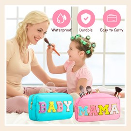 2 Pieces Nylon Cosmetic Bag Chenille Letter Makeup Bag Baby and Mama Pouch Zipper Baby Travel Toiletries Pouch Preppy Patch Cosmetic Travel Toiletry Bag for Women and Girls (Pink, Blue)