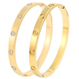 Camhanno 18K Gold Plated Stainless Steel Cuff Bracelet & Love Friendship Screw Bangle Bracelet Set for Women with Gift Box, Medium, Stainless Steel Crystal, Rhinestone